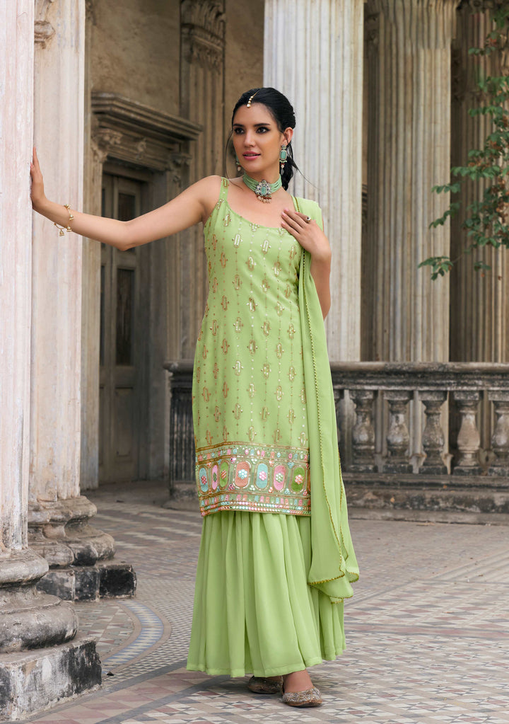 Elegant Faux Georgette Sharara Set with Intricate Embroidery and Flared Pants