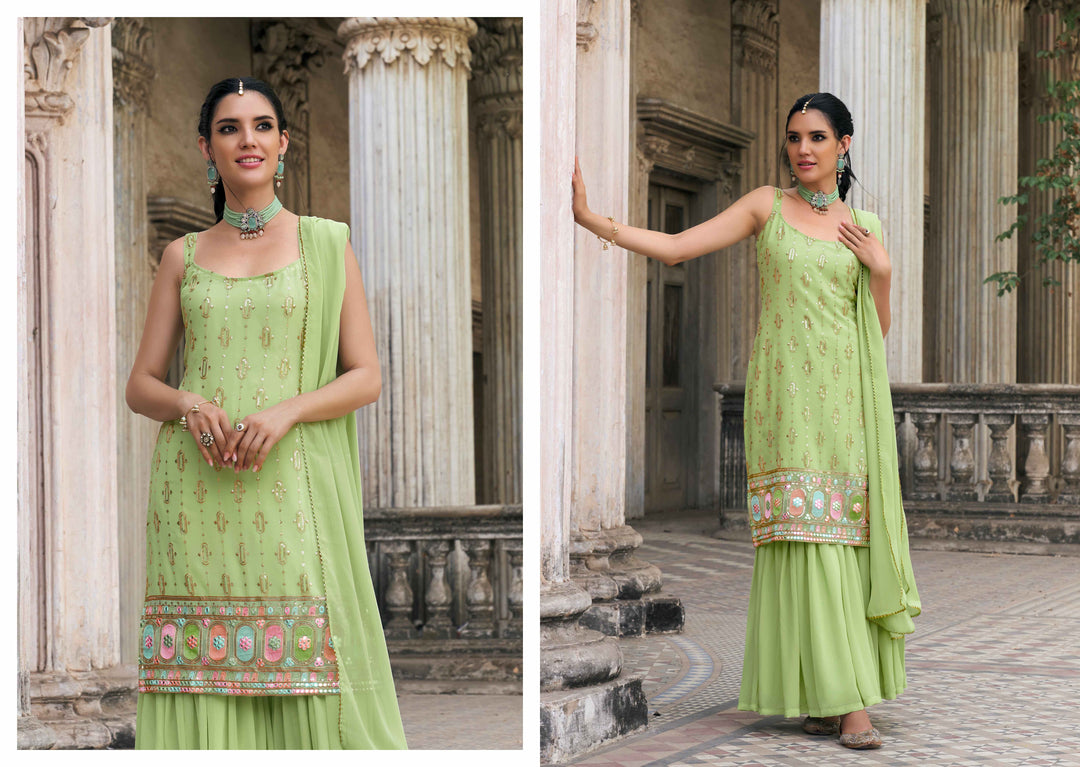 Elegant Faux Georgette Sharara Set with Intricate Embroidery and Flared Pants