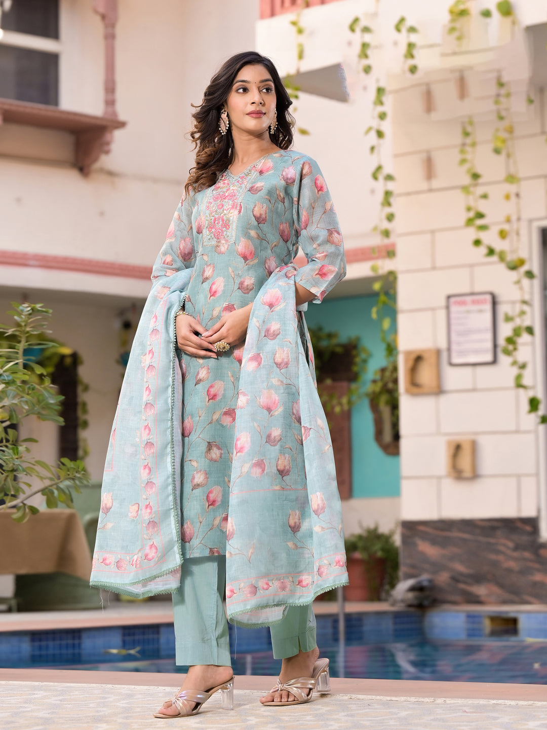 Stunning Linen Salwar Kameez with Floral Embroidery | Perfect Festive Wear