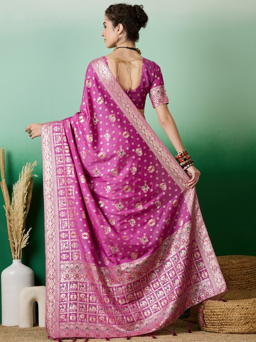 Elegant Wevon Jacquard Designer Saree | Banarasi Silk & Dola Cotton Blend