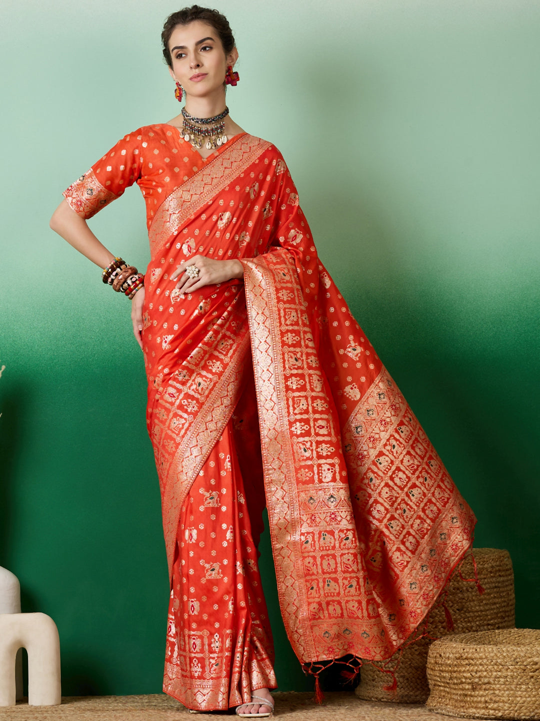 Elegant Wevon Jacquard Designer Saree | Banarasi Silk & Dola Cotton Blend