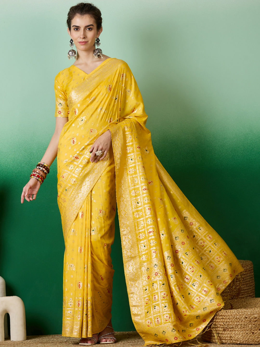 Elegant Wevon Jacquard Designer Saree | Banarasi Silk & Dola Cotton Blend