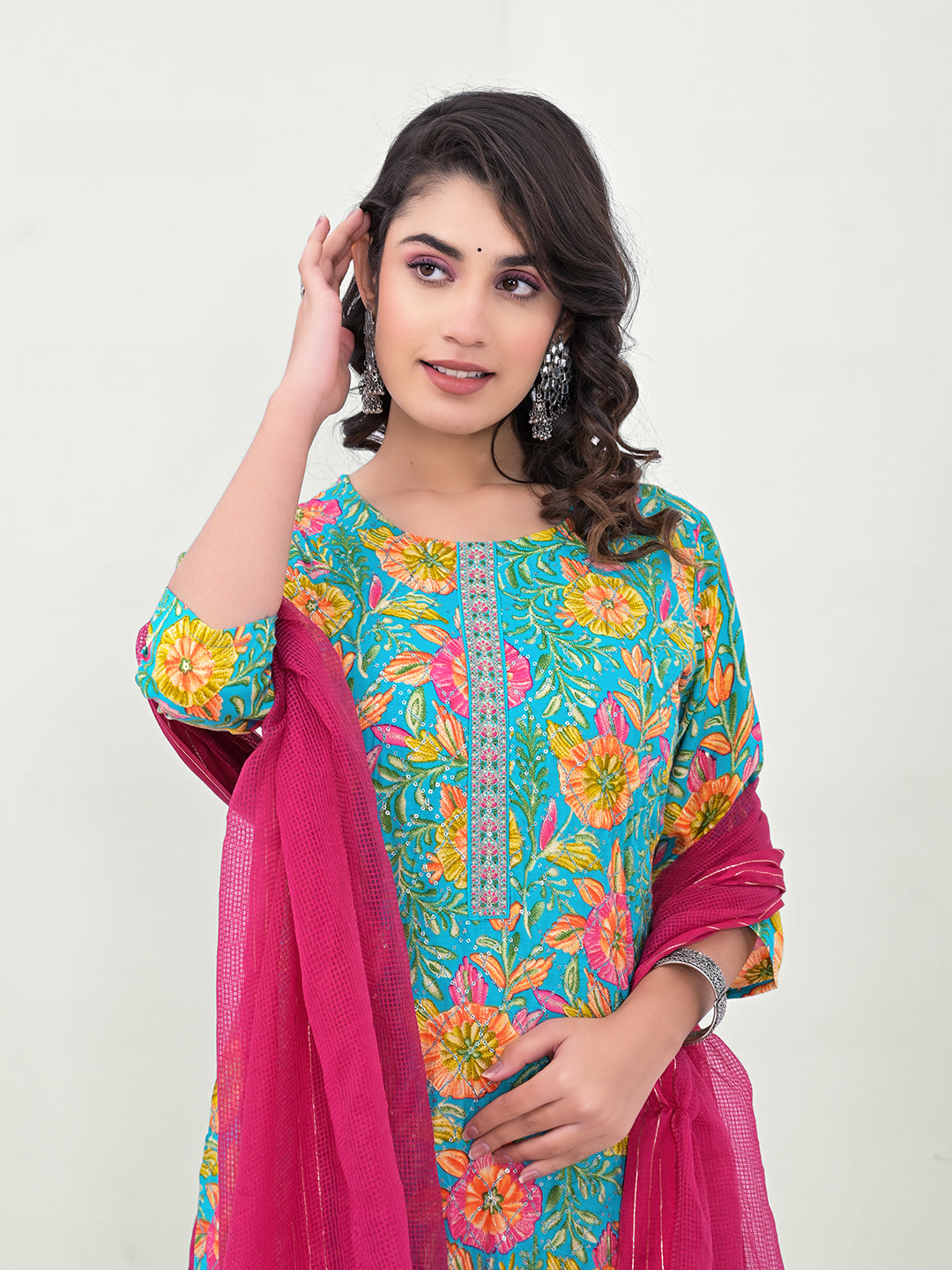 Stunning Modal Cotton Salwar Kameez with Floral Print and Embroidered Neckline | Perfect Festive Wear