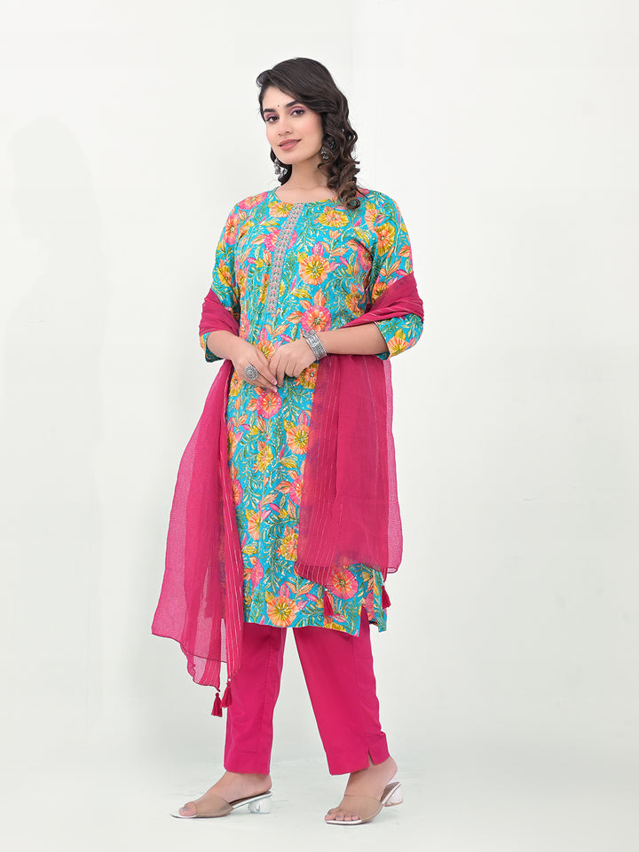 Stunning Modal Cotton Salwar Kameez with Floral Print and Embroidered Neckline | Perfect Festive Wear