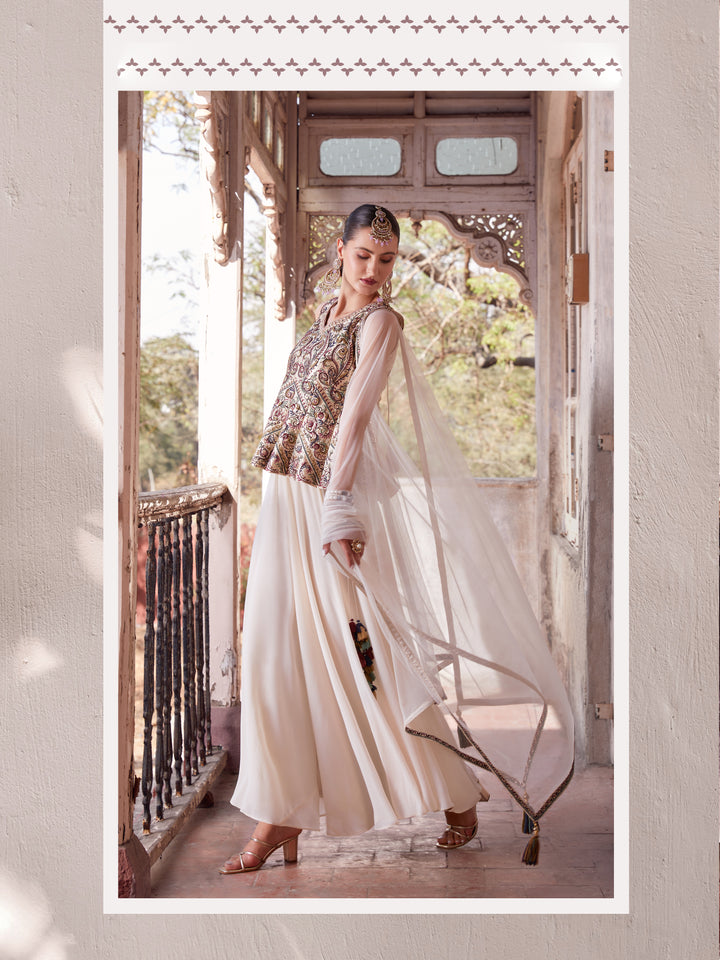 Elegant Off-White Satin Indowestern Kurta with Intricate Embellishments | Perfect Party Wear