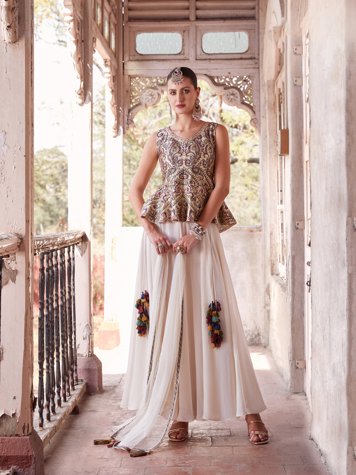 Elegant Off-White Satin Indowestern Kurta with Intricate Embellishments | Perfect Party Wear