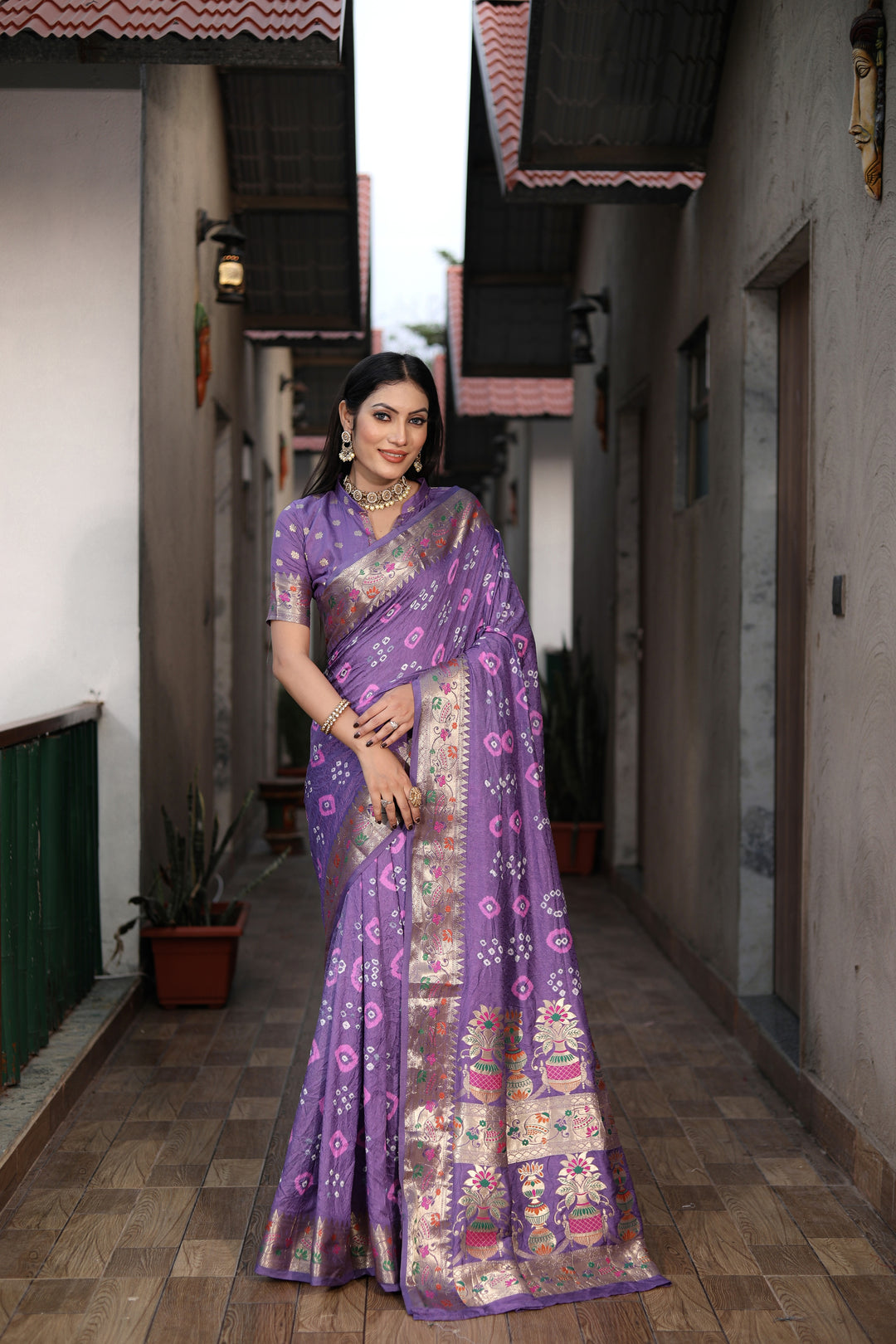 Dola Silk Party Wear Saree | Hand Printed Bandhej with Wevon Matka Border