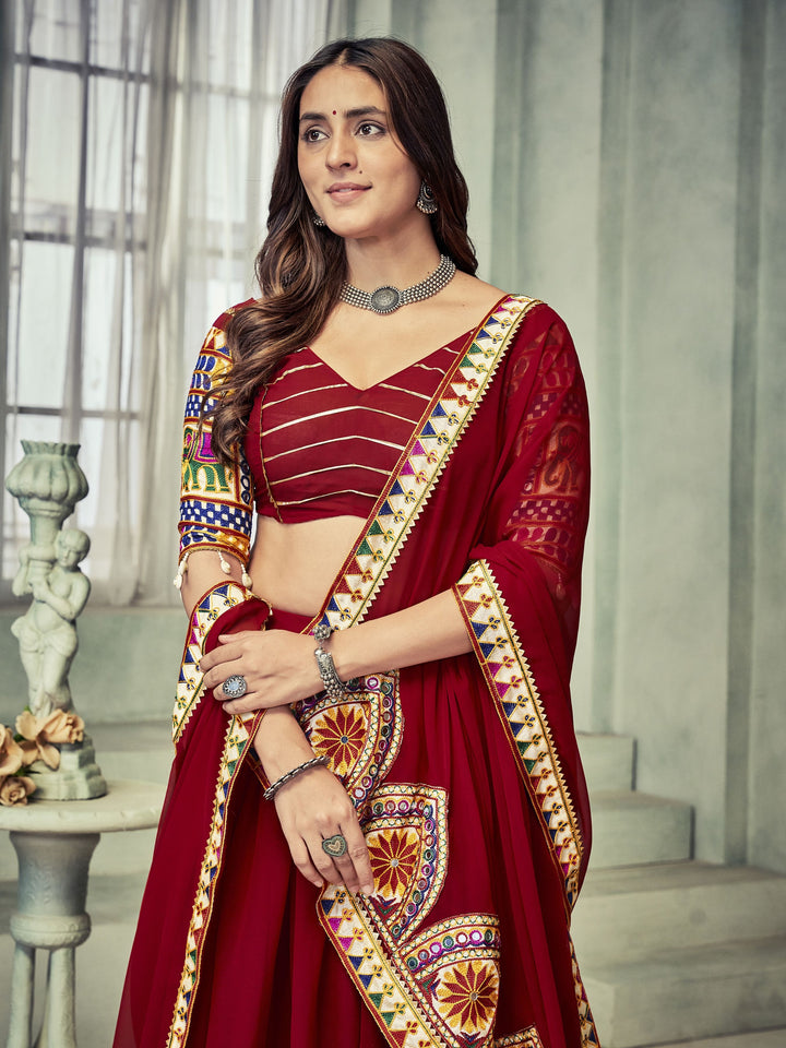 Elegant Georgette Lehenga with Mirror & Thread Embroidery | Bridal Party Wear