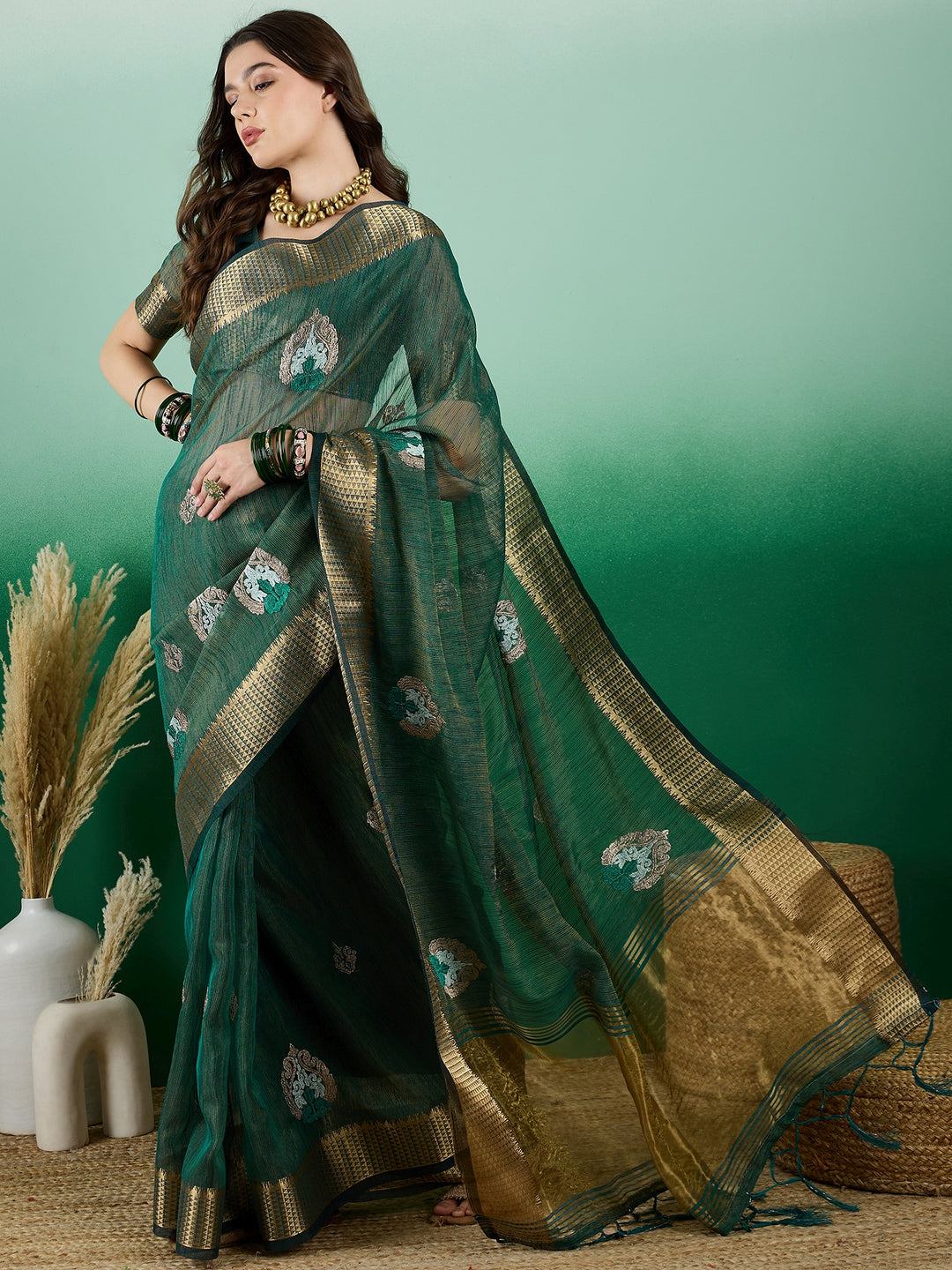 Khadi Organza Saree | Designer Wevon Embroidery Party Wear