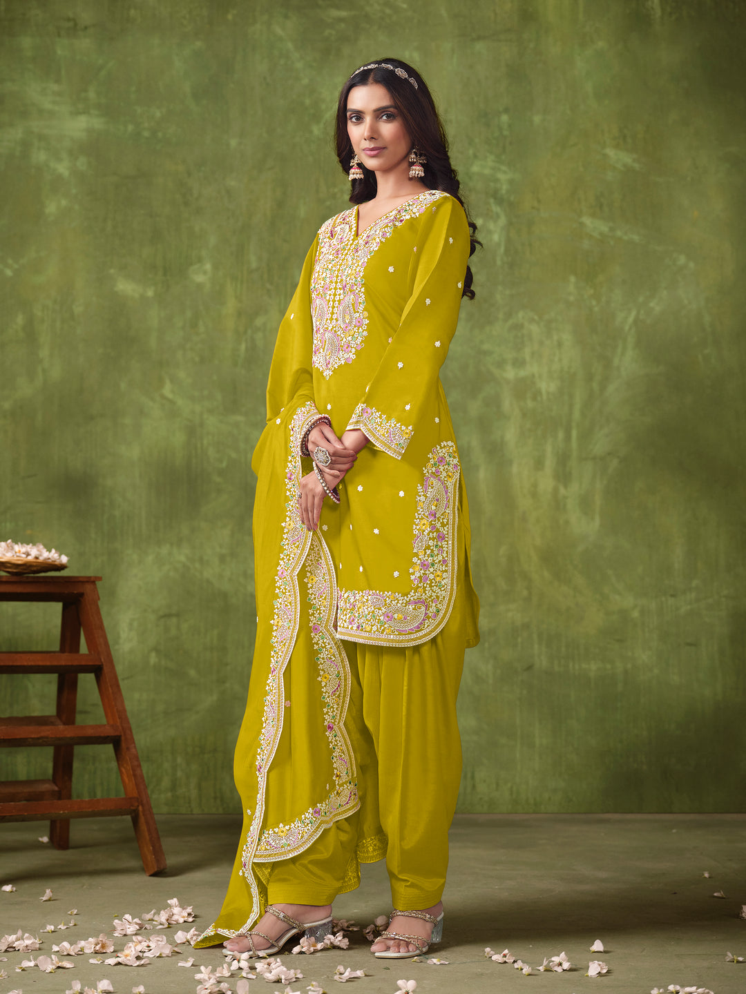 Stunning Patiyala Style Salwar Kameez in P V Chanderi with Intricate Embroidery | Perfect Festive Wear