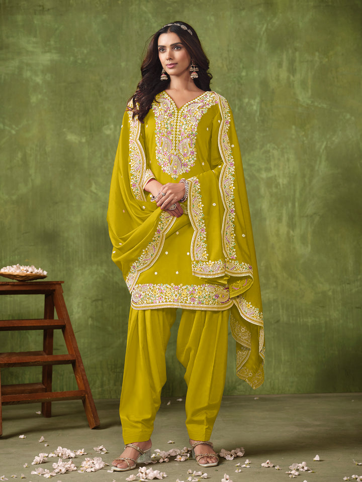 Stunning Patiyala Style Salwar Kameez in P V Chanderi with Intricate Embroidery | Perfect Festive Wear