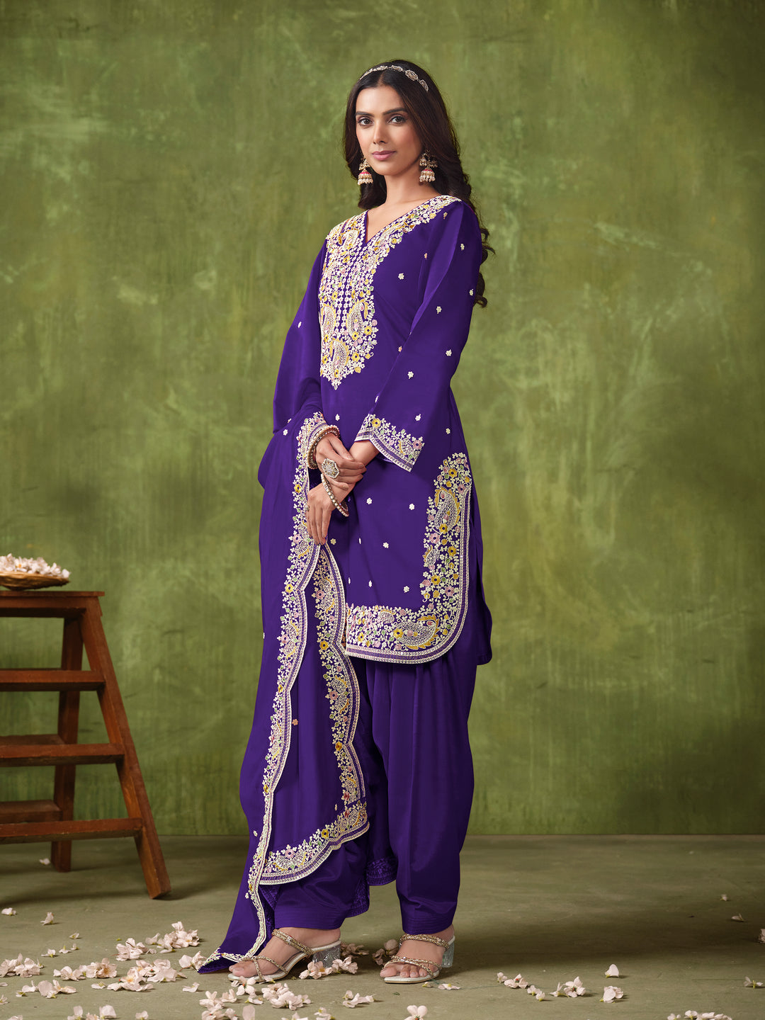 Stunning Patiyala Style Salwar Kameez in P V Chanderi with Intricate Embroidery | Perfect Festive Wear