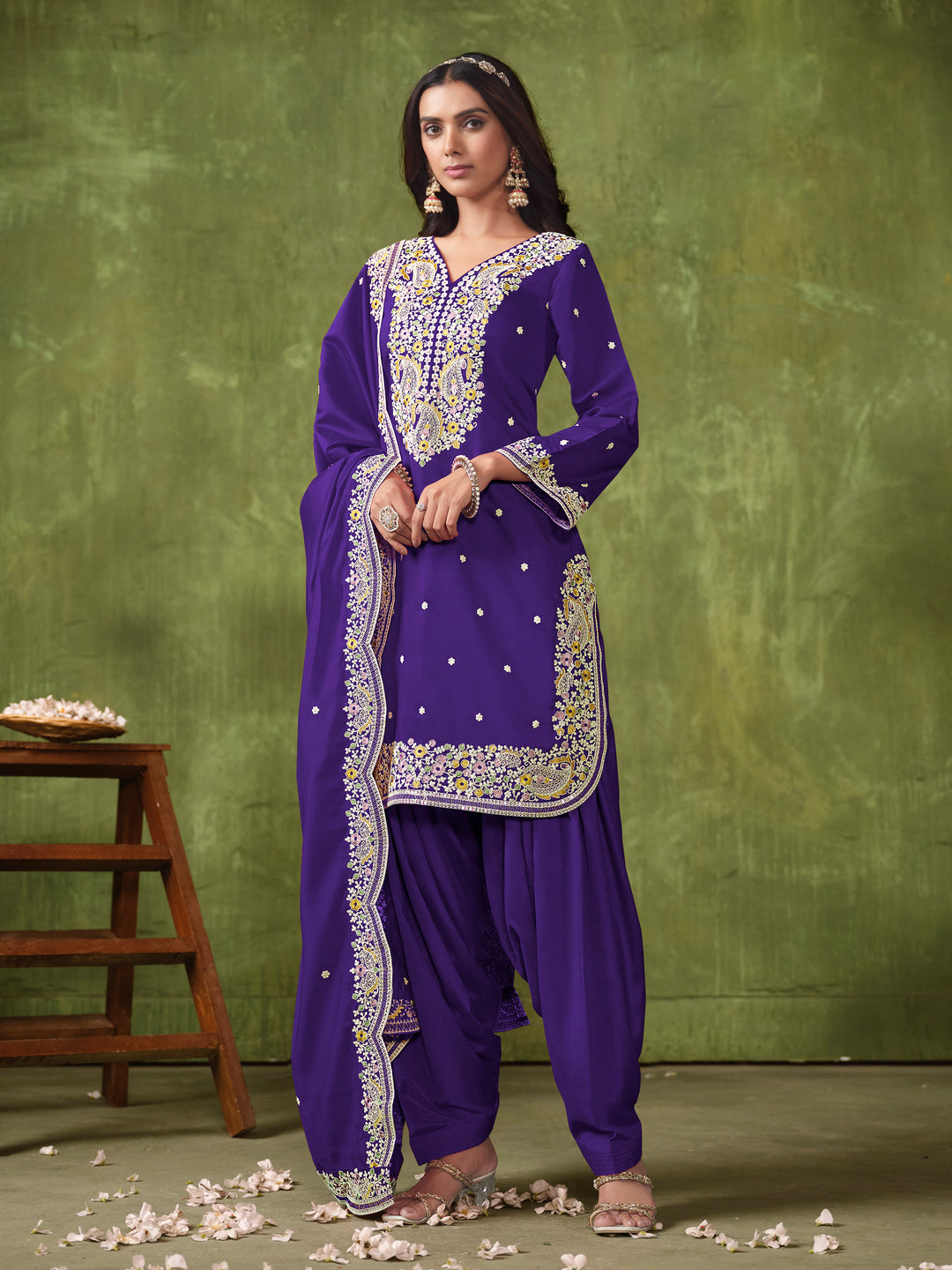 Stunning Patiyala Style Salwar Kameez in P V Chanderi with Intricate Embroidery | Perfect Festive Wear