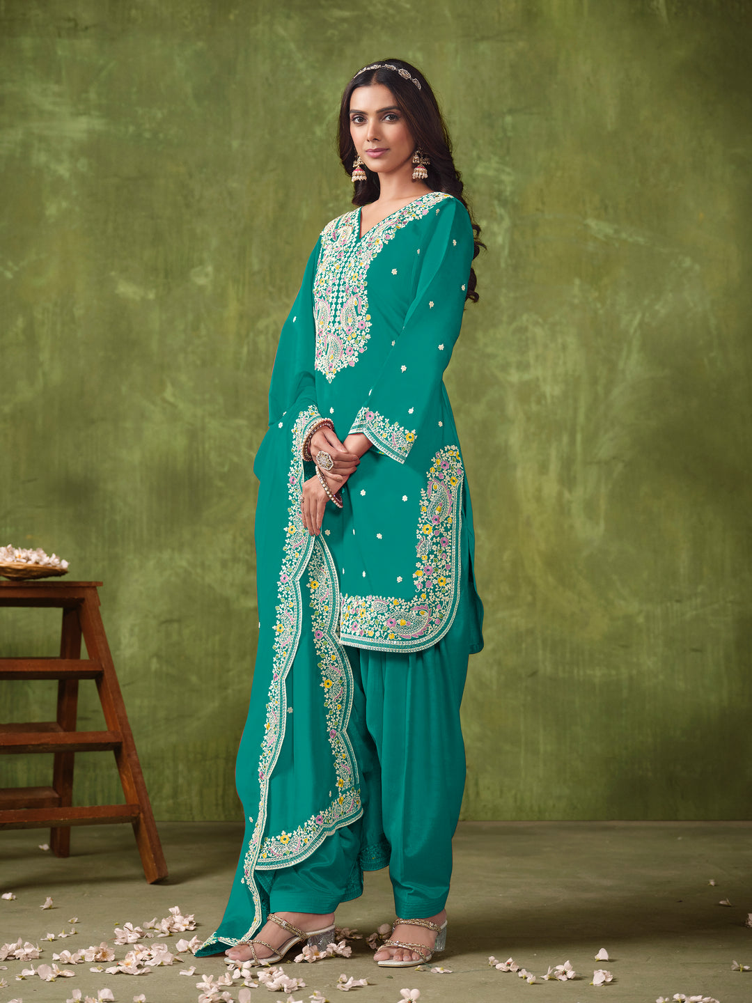 Stunning Patiyala Style Salwar Kameez in P V Chanderi with Intricate Embroidery | Perfect Festive Wear