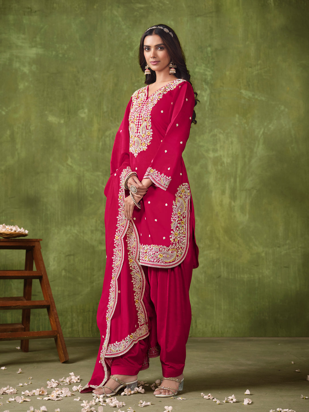 Stunning Patiyala Style Salwar Kameez in P V Chanderi with Intricate Embroidery | Perfect Festive Wear