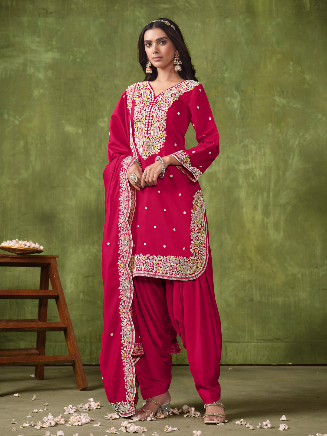 Stunning Patiyala Style Salwar Kameez in P V Chanderi with Intricate Embroidery | Perfect Festive Wear