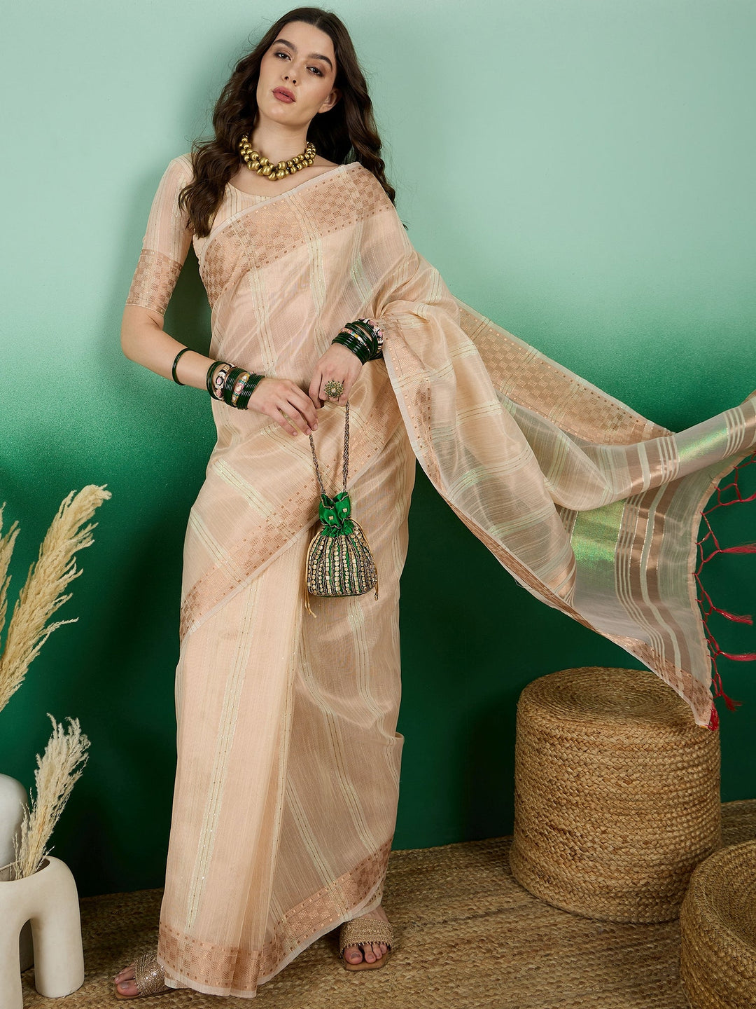 Designer Khadi-Organza Saree with Woven Jari | Perfect for Weddings & Events