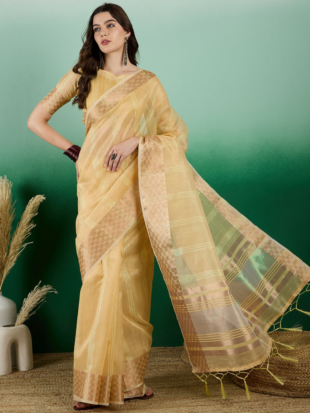 Designer Khadi-Organza Saree with Woven Jari | Perfect for Weddings & Events