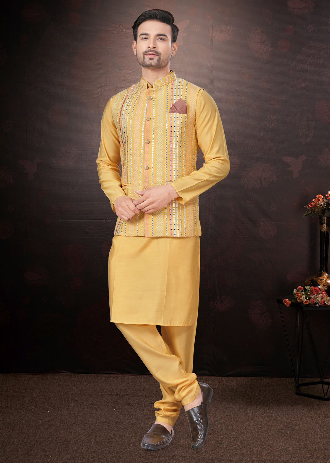 Silk Kurta Pajama with Koti | Mirror & Thread Embroidery for Party Wear