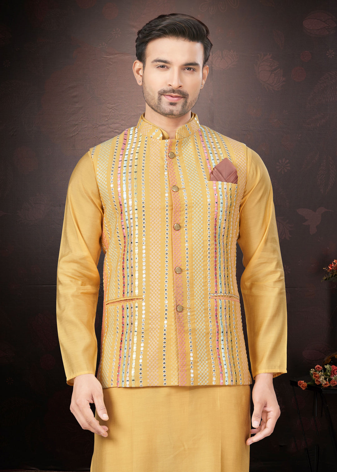 Silk Kurta Pajama with Koti | Mirror & Thread Embroidery for Party Wear