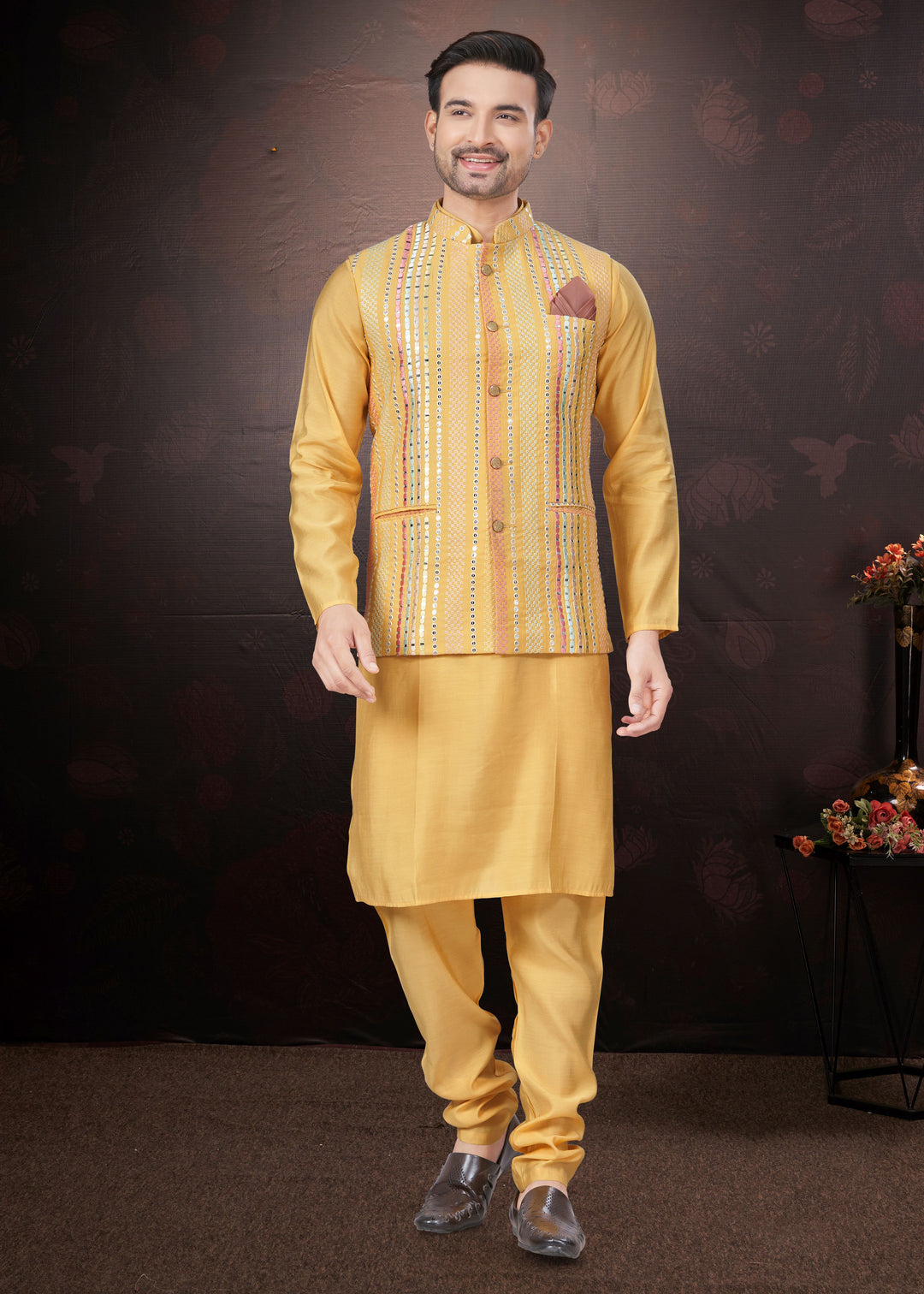 Silk Kurta Pajama with Koti | Mirror & Thread Embroidery for Party Wear