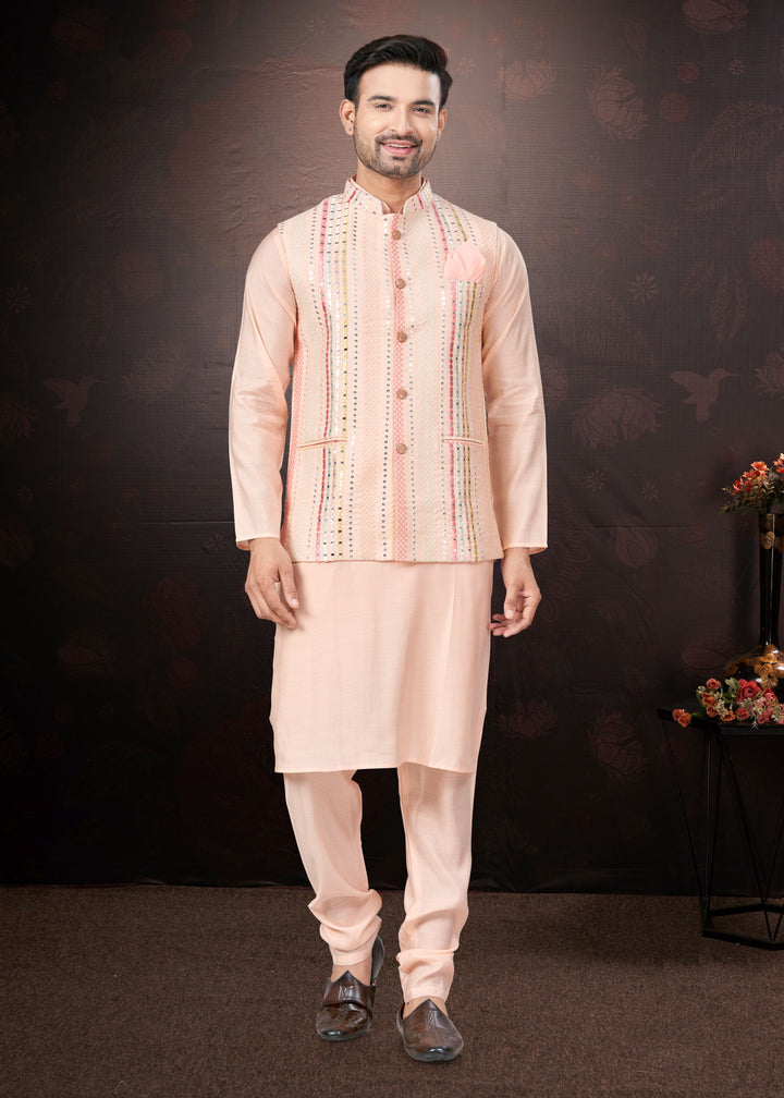 Silk Kurta Pajama with Koti | Mirror & Thread Embroidery for Party Wear