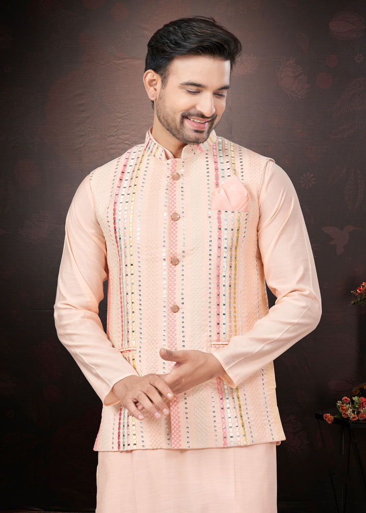 Silk Kurta Pajama with Koti | Mirror & Thread Embroidery for Party Wear