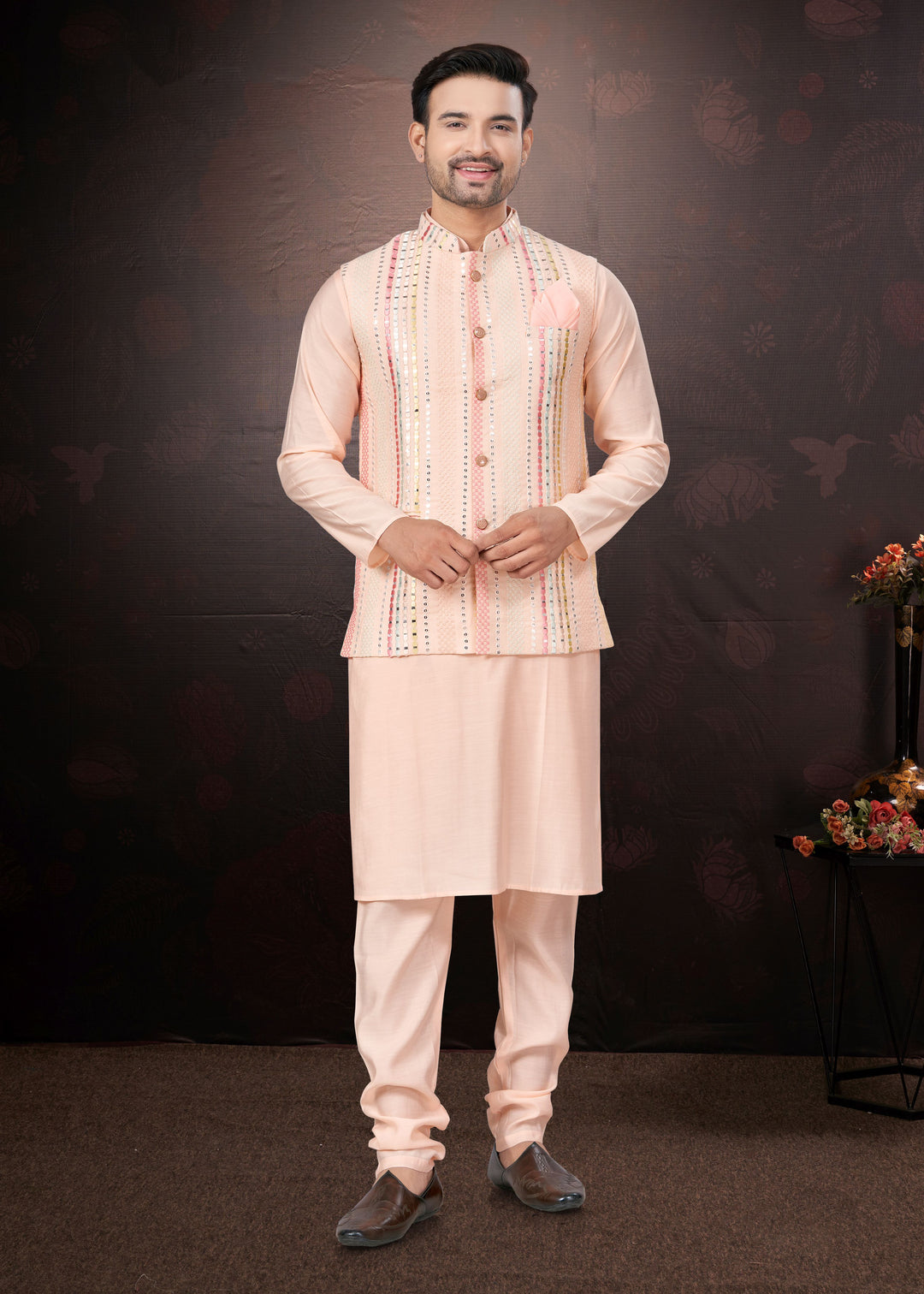 Silk Kurta Pajama with Koti | Mirror & Thread Embroidery for Party Wear