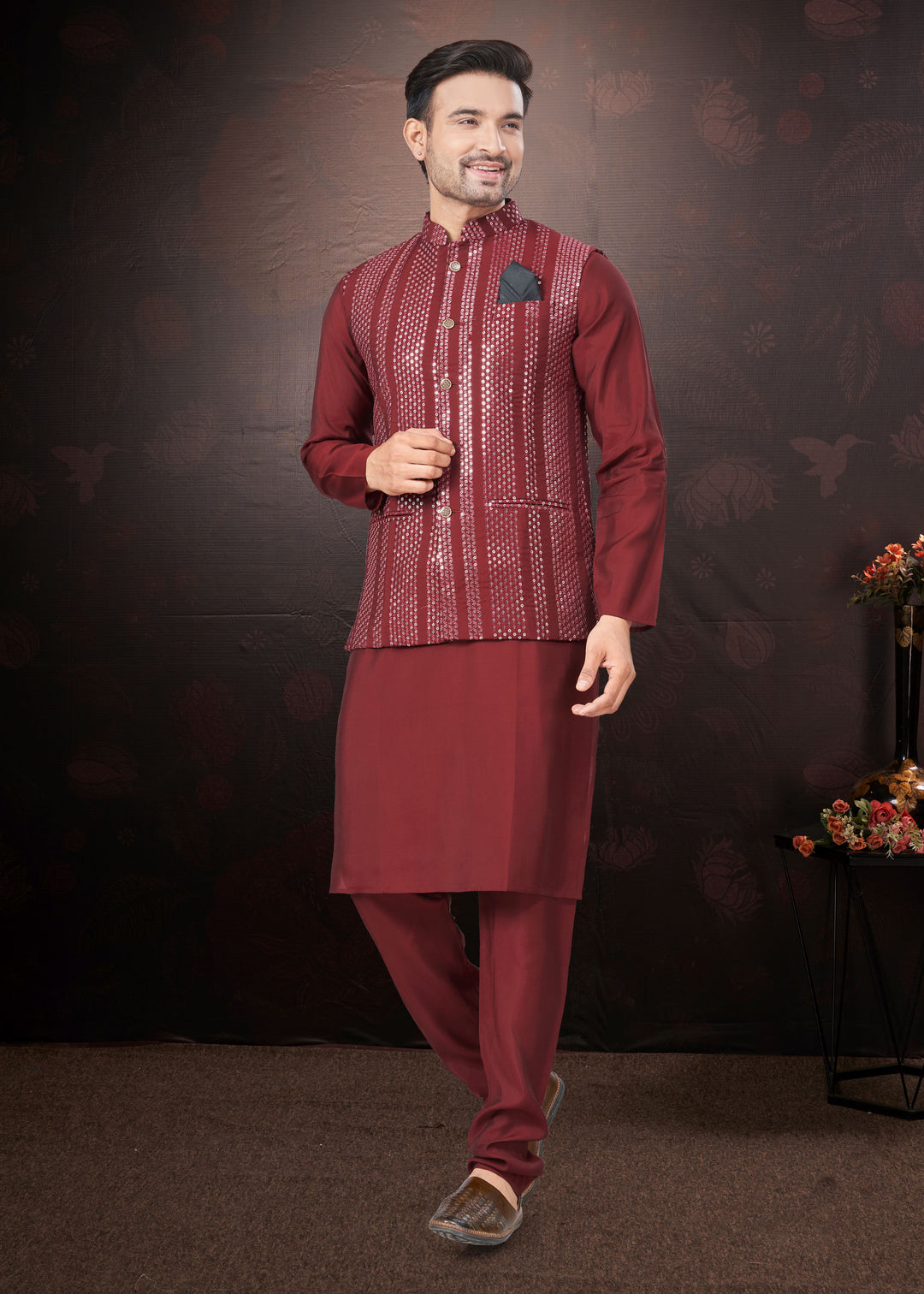 Silk Kurta Pajama with Koti | Mirror & Thread Embroidery for Party Wear