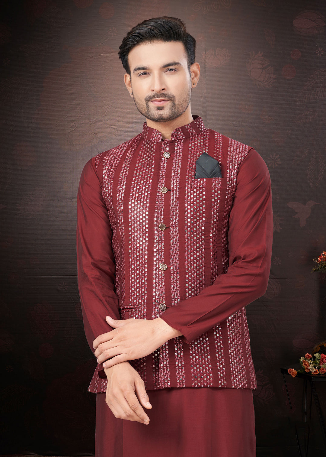 Silk Kurta Pajama with Koti | Mirror & Thread Embroidery for Party Wear