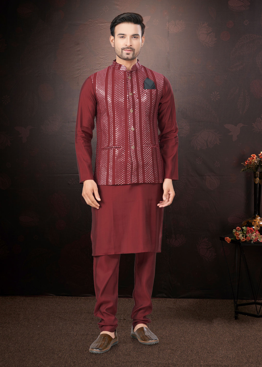 Silk Kurta Pajama with Koti | Mirror & Thread Embroidery for Party Wear