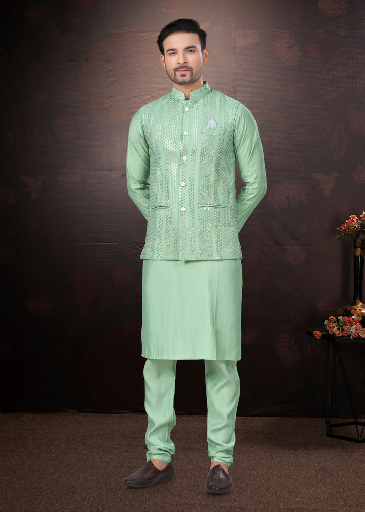 Silk Kurta Pajama with Koti | Mirror & Thread Embroidery for Party Wear