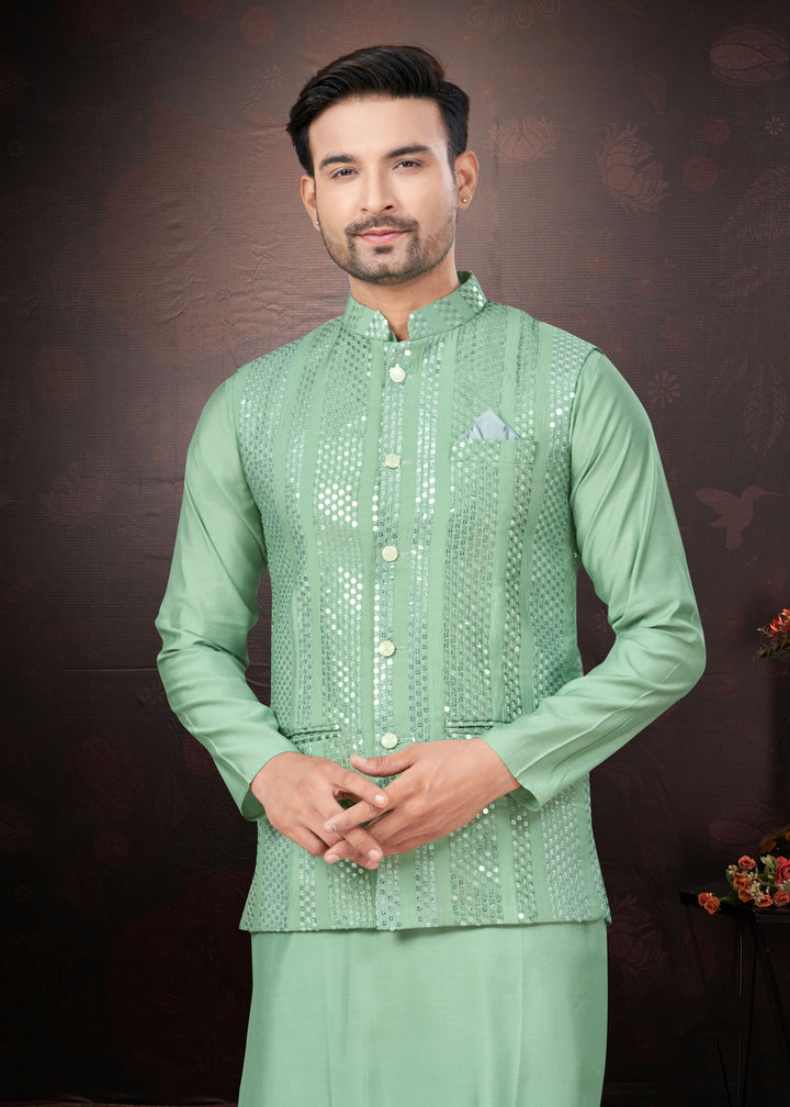 Silk Kurta Pajama with Koti | Mirror & Thread Embroidery for Party Wear