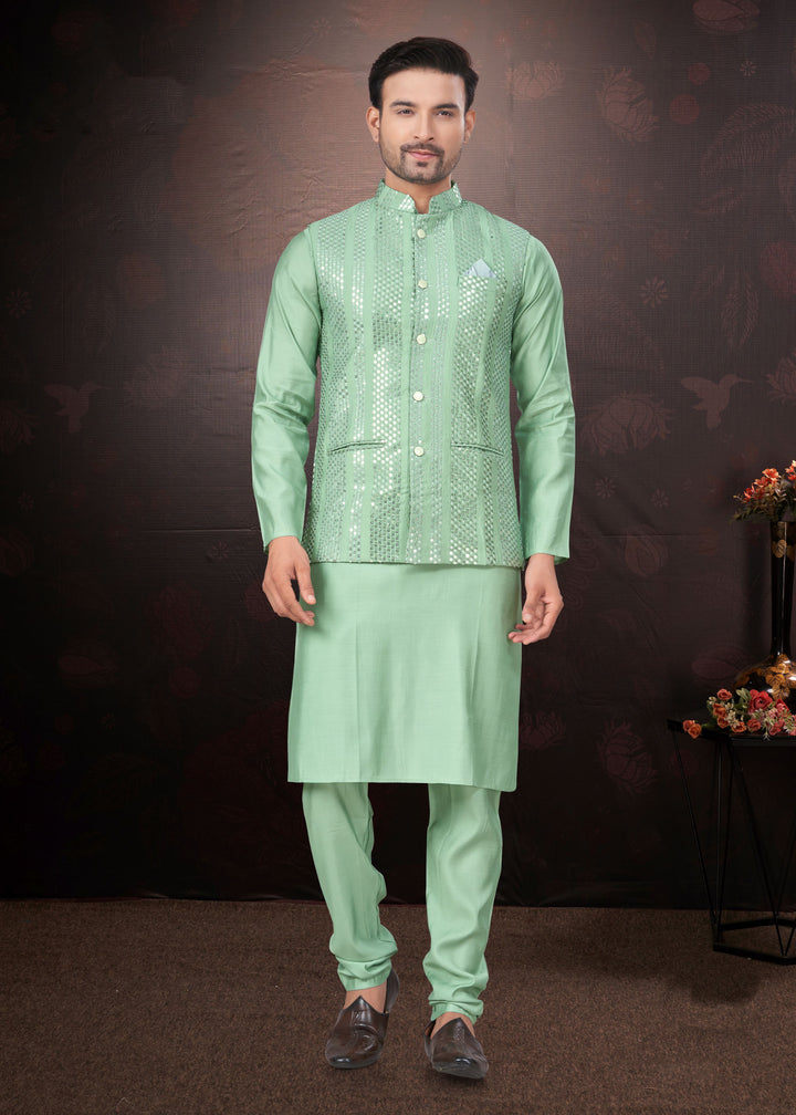 Silk Kurta Pajama with Koti | Mirror & Thread Embroidery for Party Wear