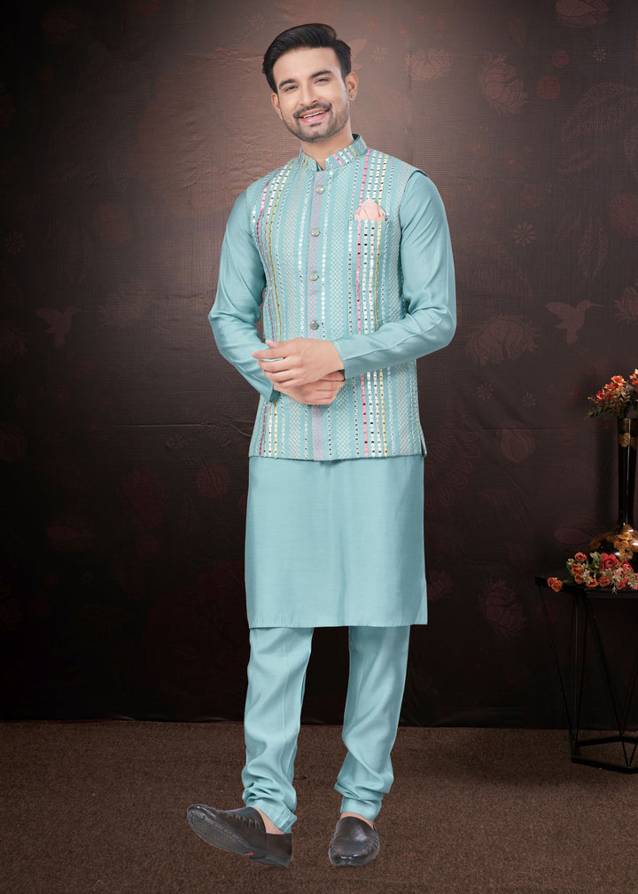 Silk Kurta Pajama with Koti | Mirror & Thread Embroidery for Party Wear