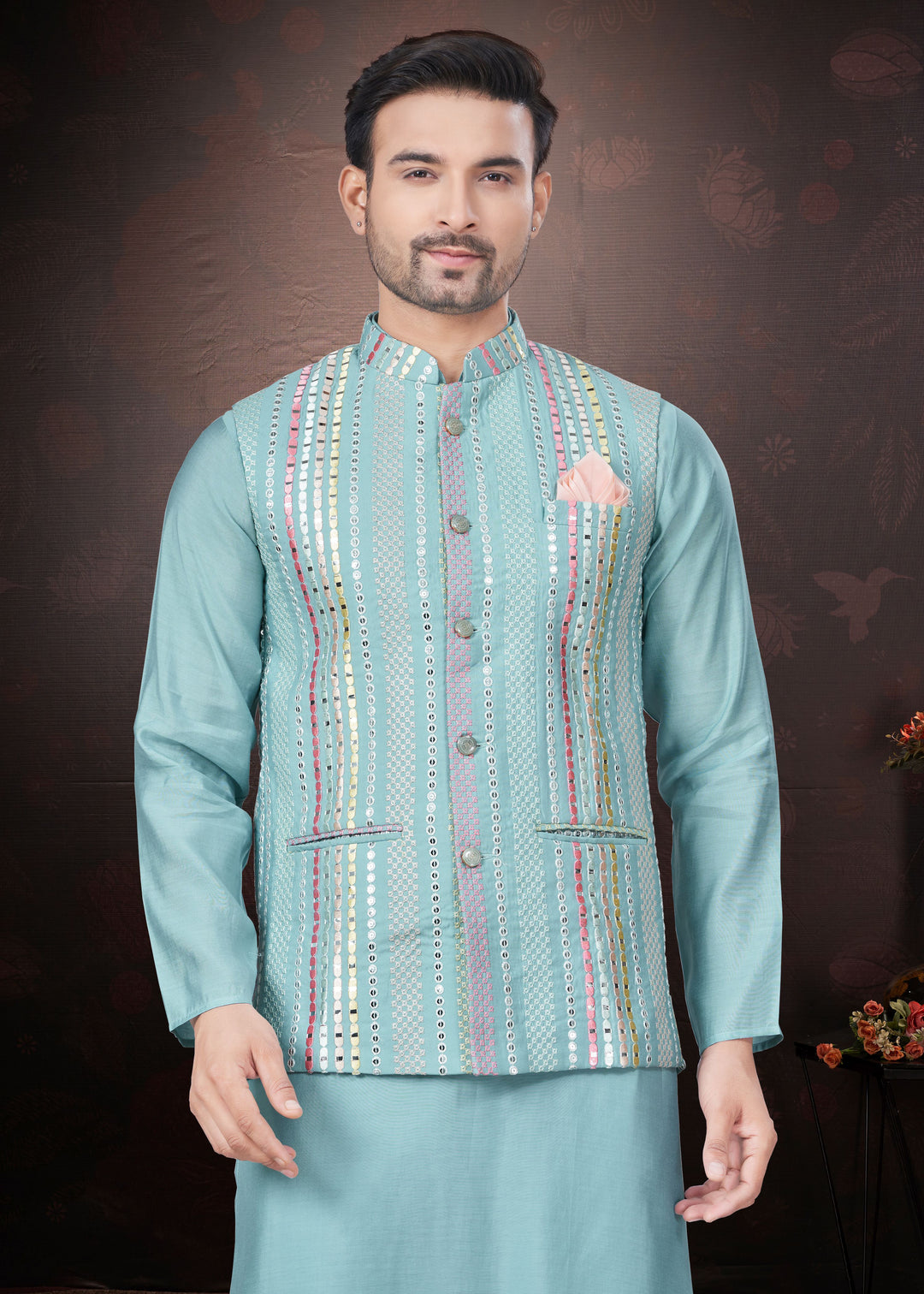 Silk Kurta Pajama with Koti | Mirror & Thread Embroidery for Party Wear