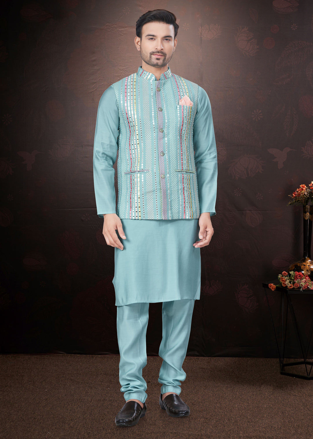 Silk Kurta Pajama with Koti | Mirror & Thread Embroidery for Party Wear