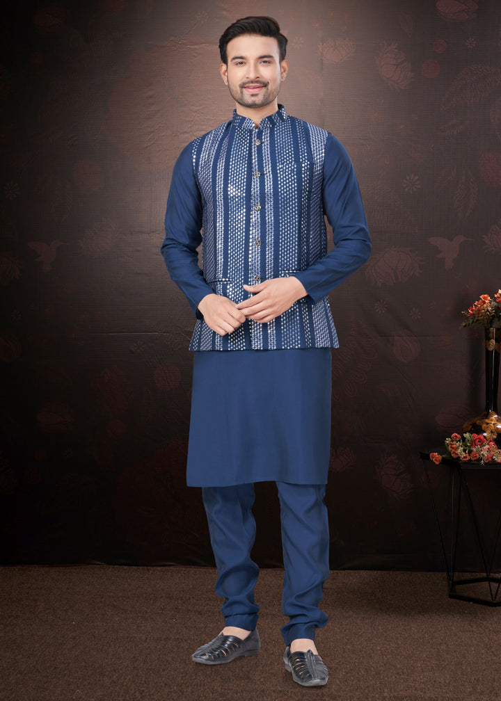 Silk Kurta Pajama with Koti | Mirror & Thread Embroidery for Party Wear