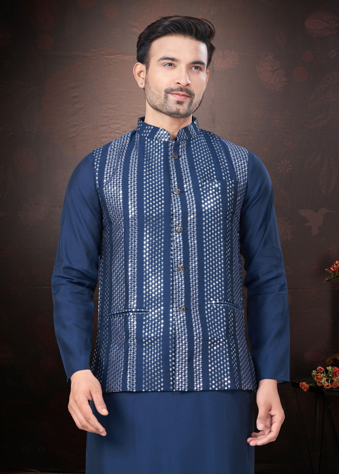 Silk Kurta Pajama with Koti | Mirror & Thread Embroidery for Party Wear