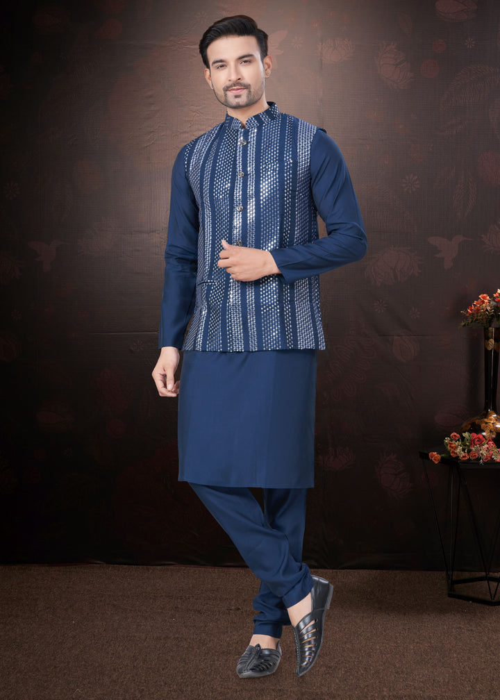 Silk Kurta Pajama with Koti | Mirror & Thread Embroidery for Party Wear