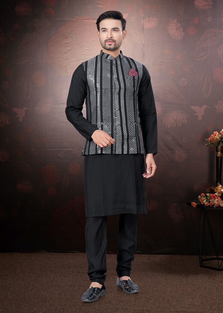 Silk Kurta Pajama with Koti | Mirror & Thread Embroidery for Party Wear