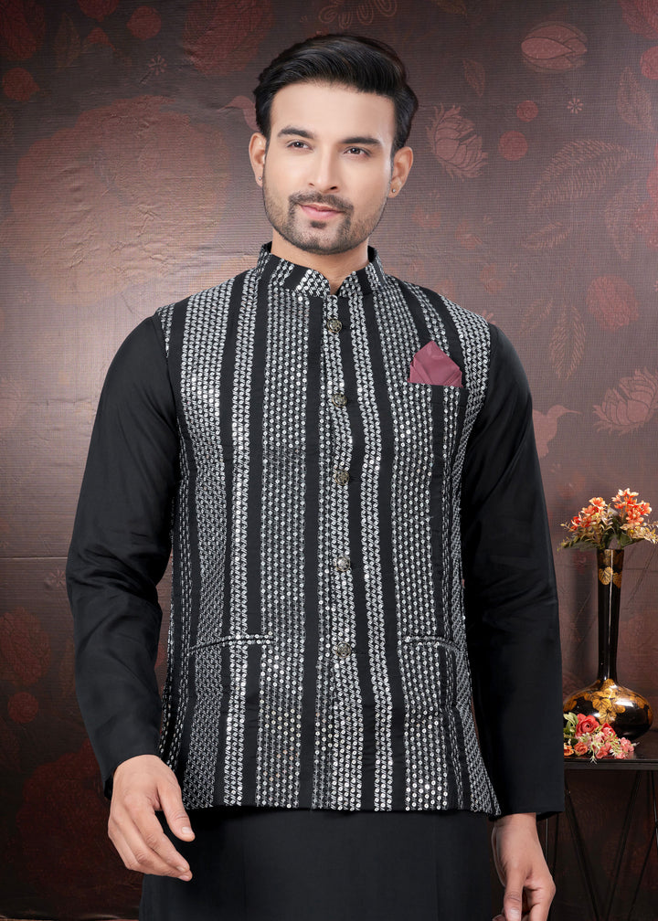 Silk Kurta Pajama with Koti | Mirror & Thread Embroidery for Party Wear