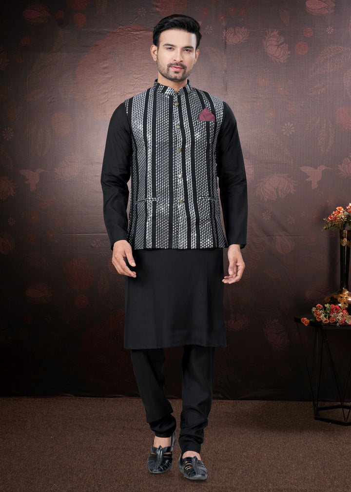 Silk Kurta Pajama with Koti | Mirror & Thread Embroidery for Party Wear