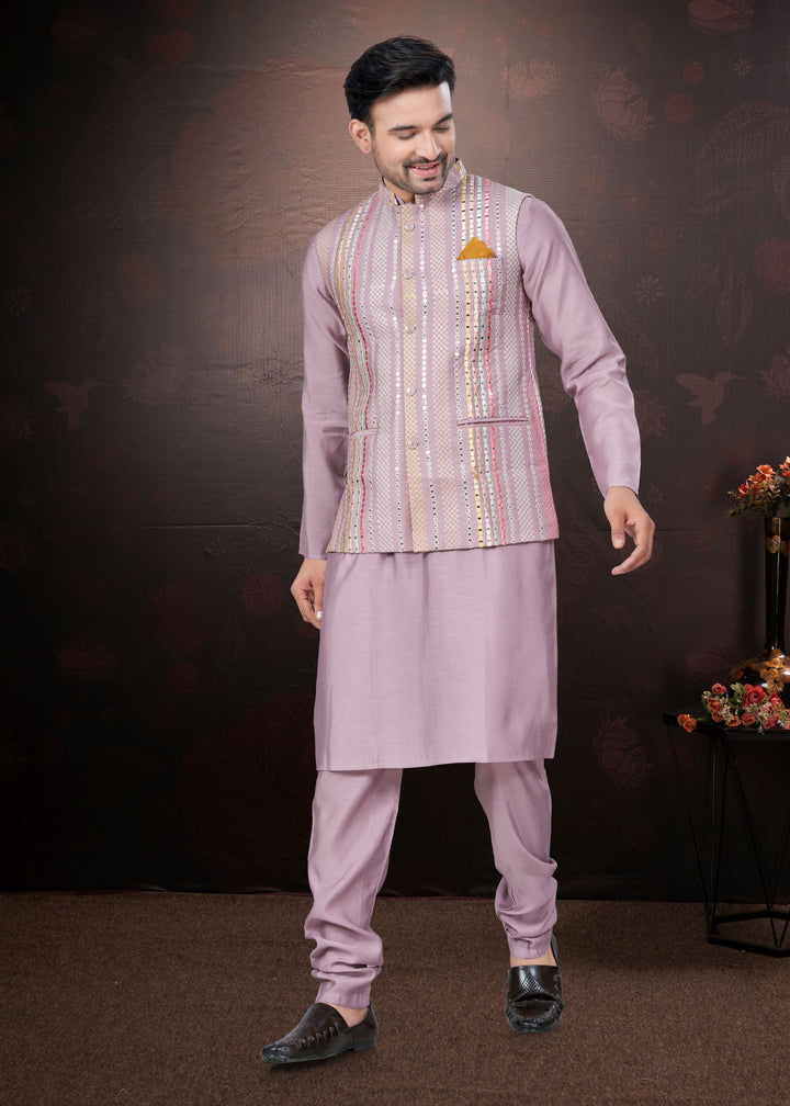 Silk Kurta Pajama with Koti | Mirror & Thread Embroidery for Party Wear