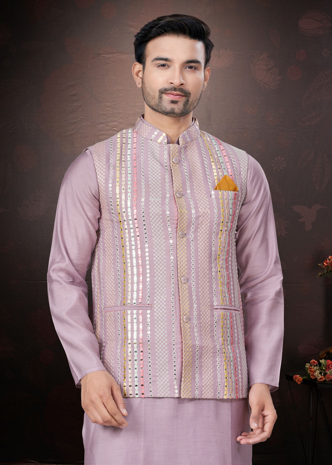 Silk Kurta Pajama with Koti | Mirror & Thread Embroidery for Party Wear