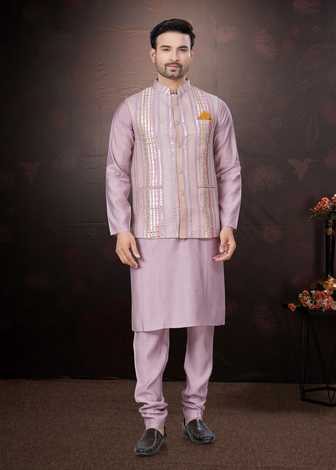 Silk Kurta Pajama with Koti | Mirror & Thread Embroidery for Party Wear