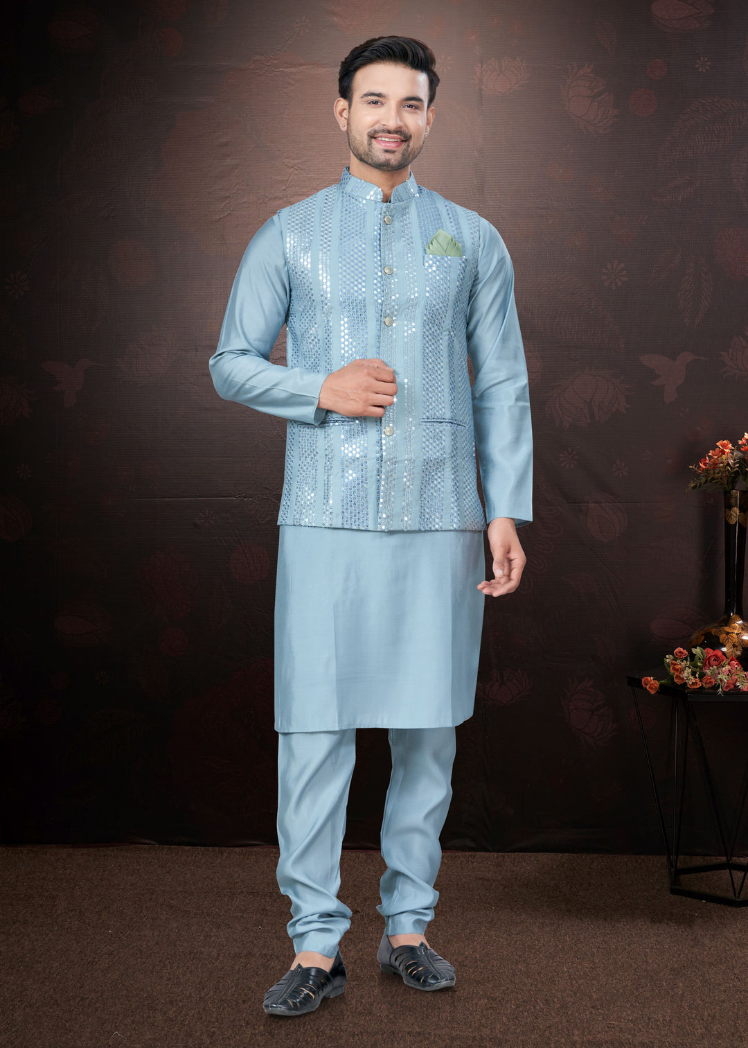 Silk Kurta Pajama with Koti | Mirror & Thread Embroidery for Party Wear