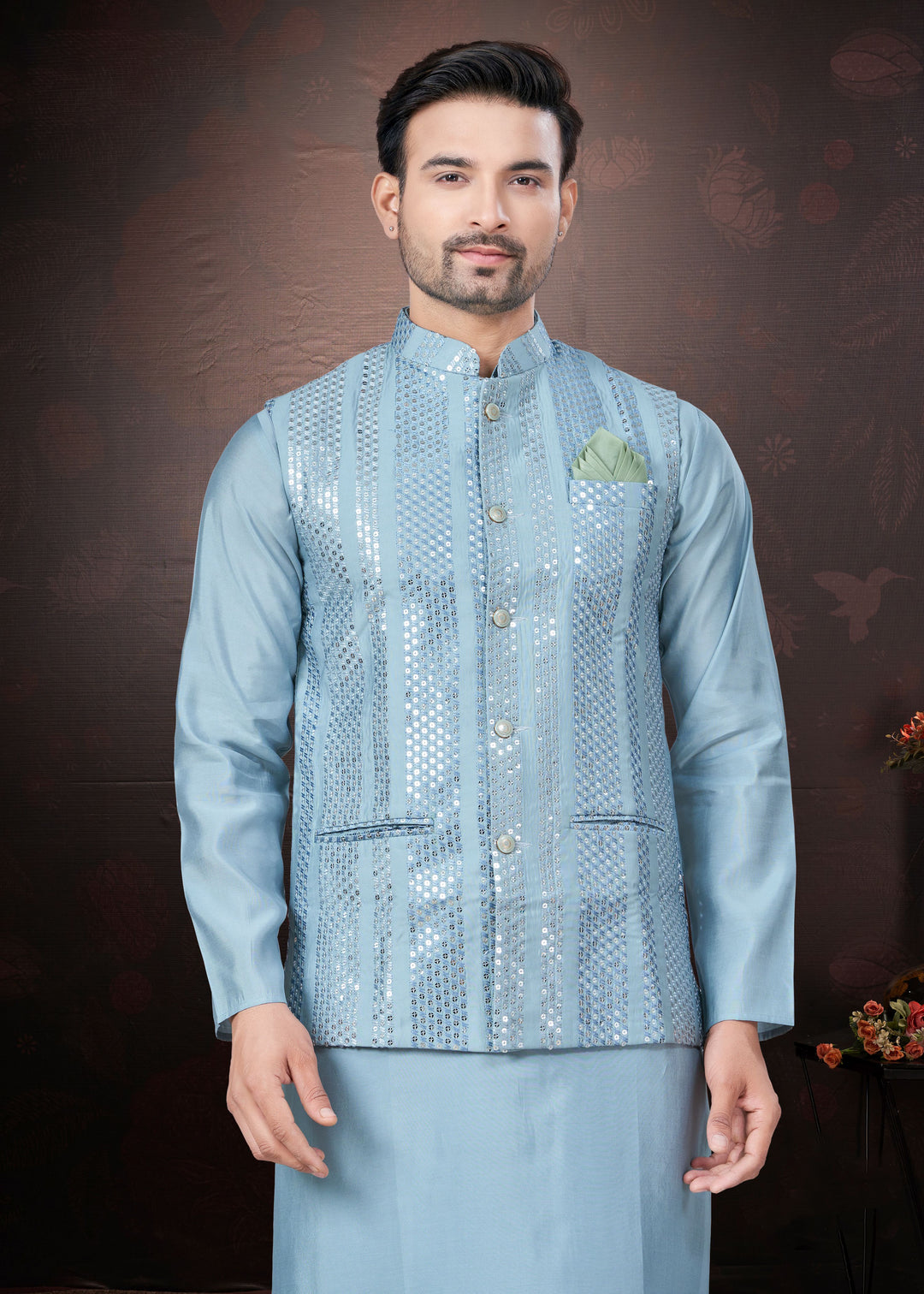 Silk Kurta Pajama with Koti | Mirror & Thread Embroidery for Party Wear