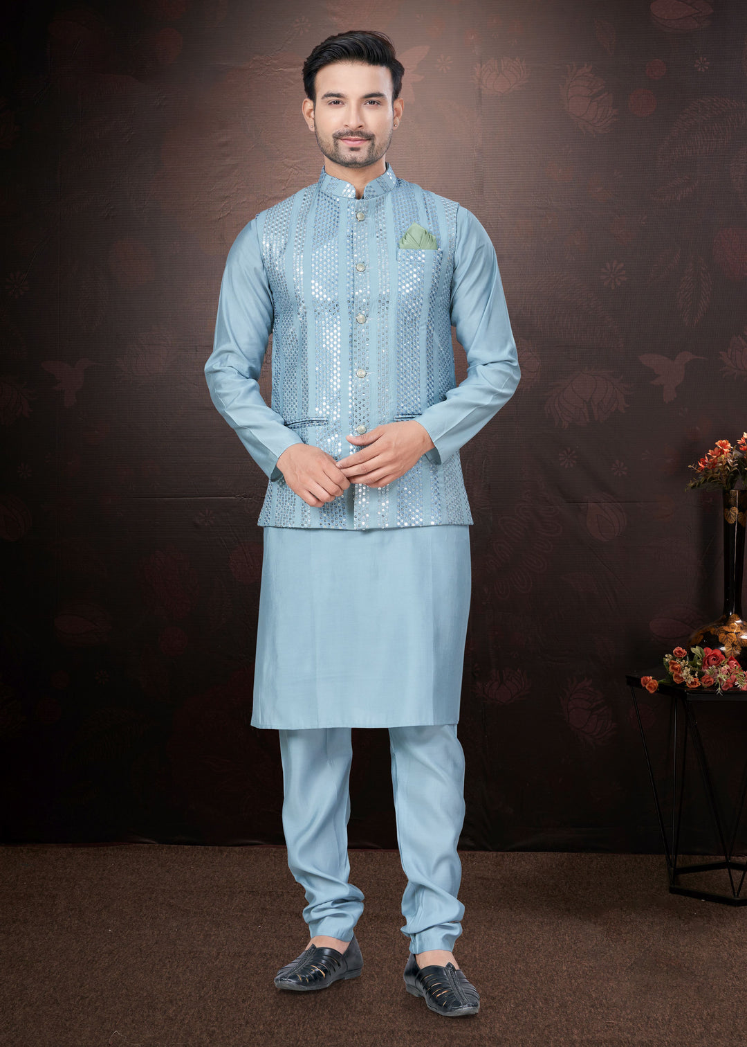 Silk Kurta Pajama with Koti | Mirror & Thread Embroidery for Party Wear