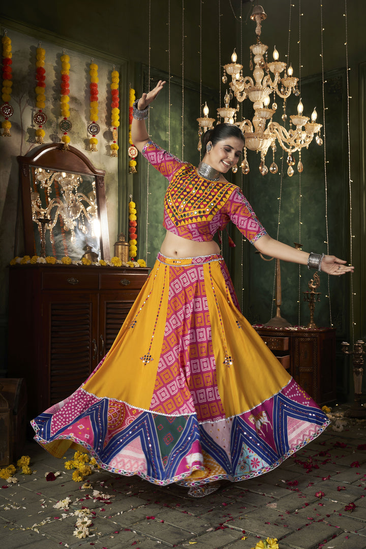 Pink & Yellow Lehenga Choli | Muslin Cotton Fabric with Mirror Work Navratri Special